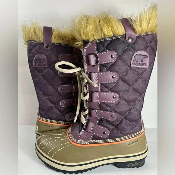 Women's Sorel waterproof Quilted Fur-Lined Boots Purple and Olive snow/s… - Picture 1 of 9